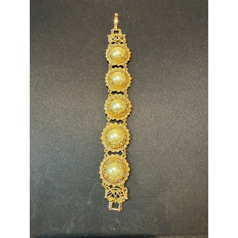 Vintage Gold Tone Faux Pearl Medallion Link Bracelet Ornate Filigree Victorian
